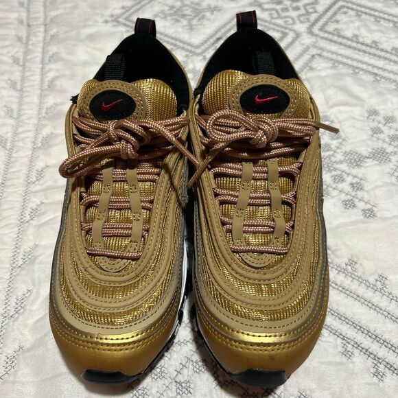 Nike Air Max 97 Gold Bullet 2022 Size 6Y Metallic Gold Red Swoosh - Picture 10 of 13